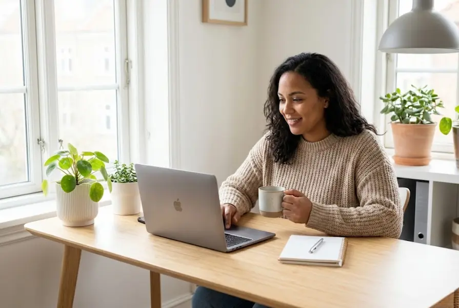A confident person working on a laptop in a bright home office, smiling slightly to convey peace of mind, digital security, and a stress-free work environment.