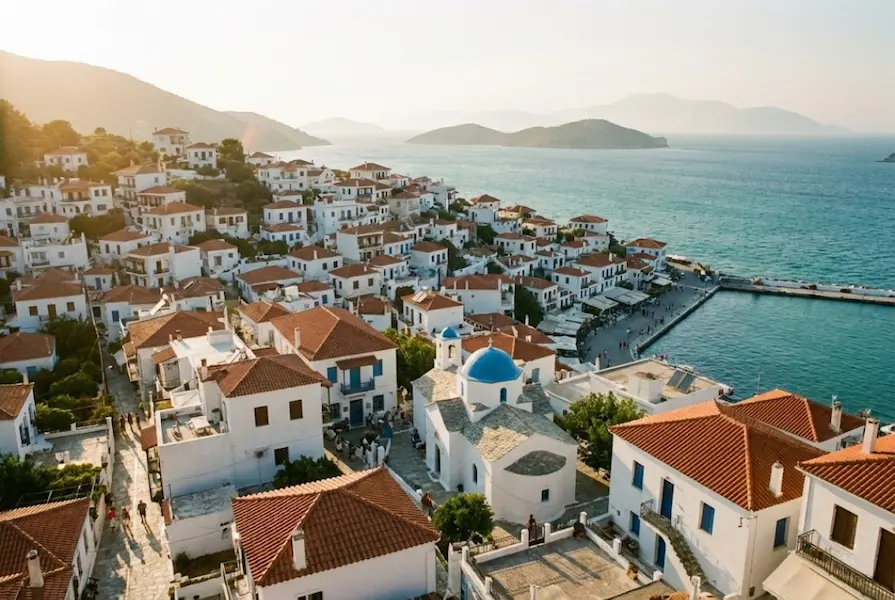 Elevated photograph captures a Greek coastal village during golden hour, with whitewashed houses and terracotta roofs cascading towards the turquoise Aegean Sea, a prominent blue-domed church, and a harbor jetty.