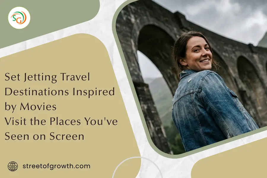 Smiling woman looking over her shoulder near a historic stone bridge, illustrating Set Jetting travel destinations inspired by movies.