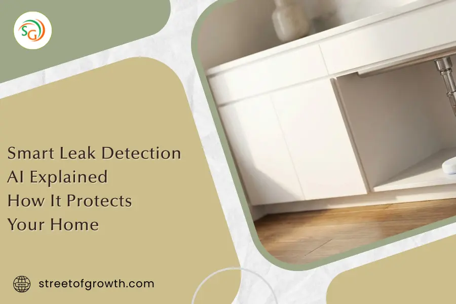 Small white smart leak detector device placed on a wooden floor under a bathroom vanity sink, illustrating smart leak detection AI explained.