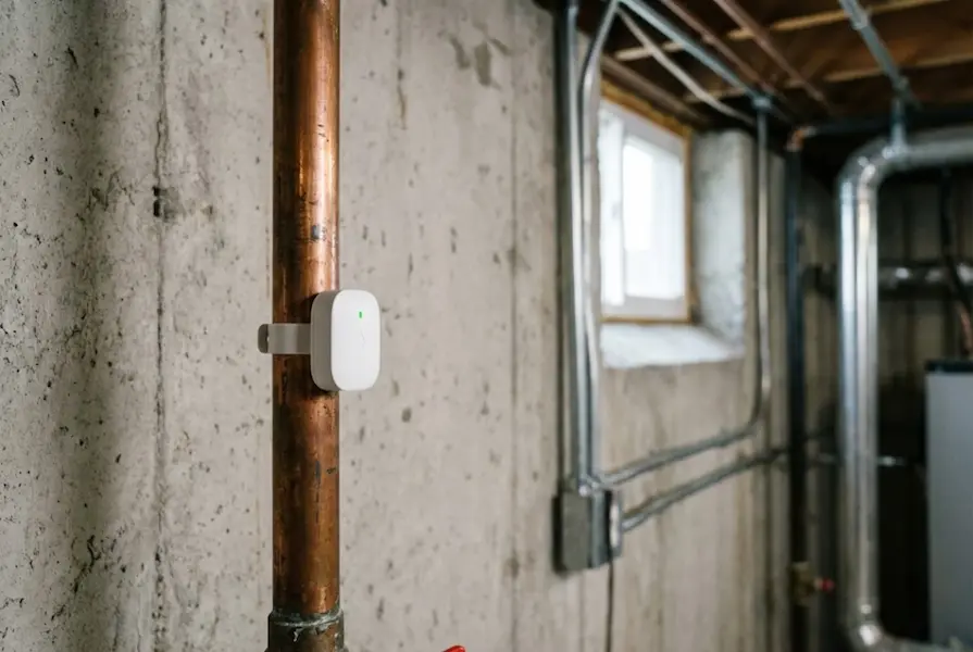 Close-up of a white smart water sensor clipped onto a copper water pipe in a utility room for real-time leak detection and plumbing monitoring.