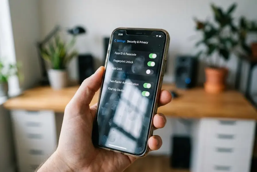 Close-up of a hand holding a smartphone showing a configuration menu with toggle switches for security and privacy permissions.