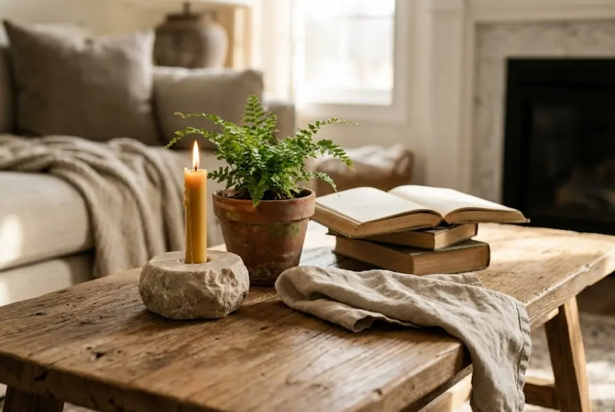 Close-up of a natural wood coffee table styled with a stone candleholder, terracotta potted plant, and a stack of books in a cozy living room.