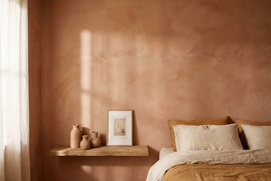 Textured bedroom wall featuring terracotta limewash paint finish, a wooden floating shelf with minimalist ceramic decor, and soft natural lighting.