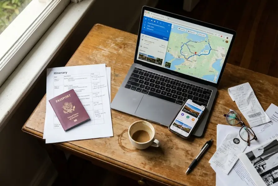 Overhead flat lay view of a wooden desk with travel planning essentials, including a laptop showing a map route, a US passport, a smartphone with a travel app, a printed itinerary with notes, a coffee cup, and reading glasses.
