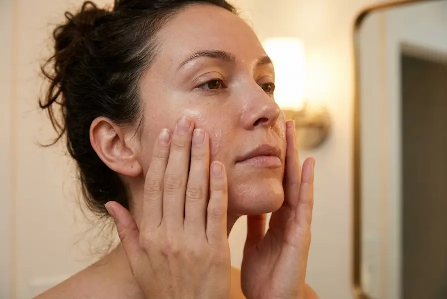 Close-up of a woman gently patting hydrating serum into her cheeks in a softly lit bathroom, demonstrating a relaxed evening skincare regimen.