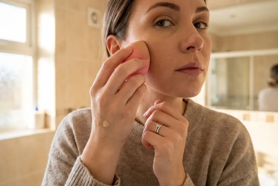 Close-up of a woman dabbing liquid foundation onto her cheek using a bouncing motion with a damp pink beauty sponge, highlighting makeup application technique for dry skin in natural morning light.