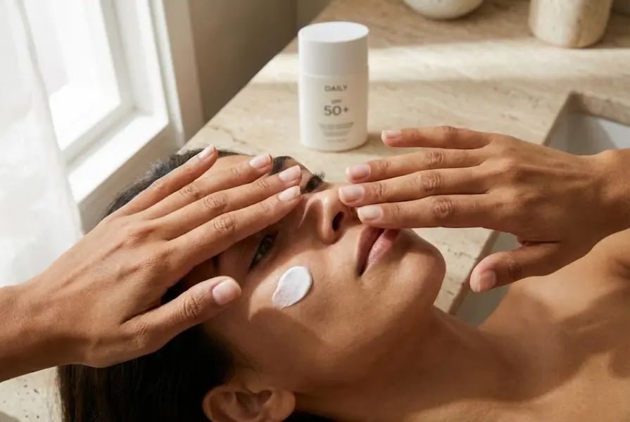 Top-down view of a woman with olive skin gently patting a nickel-sized dollop of white sunscreen cream onto her cheek using her fingertips, with a modern sunscreen bottle on a bathroom counter.