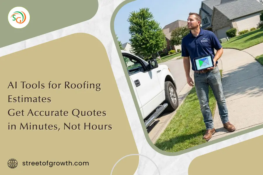 Roofing professional standing next to a white truck holding a tablet with a graph, illustrating AI tools for roofing estimates and accurate quoting.