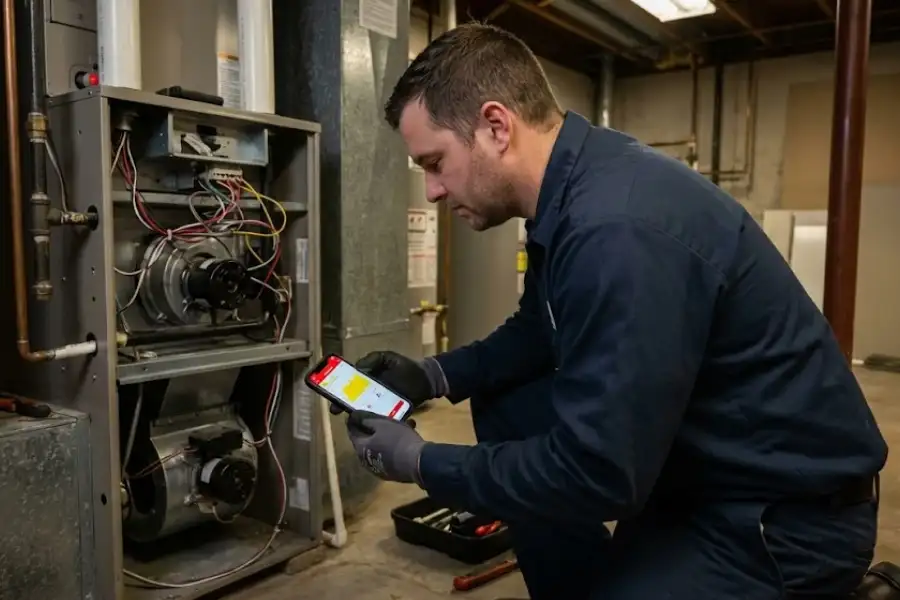 A professional HVAC technician in a blue uniform kneeling by an open residential gas furnace while using a smartphone diagnostic app to monitor system performance in a basement.