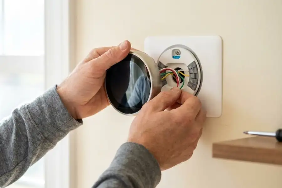 A close-up of a homeowner's hands connecting red, white, green, and yellow wires to a smart thermostat wall plate during a DIY home improvement installation.