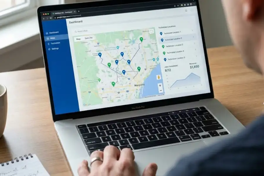 An over-the-shoulder view of a person using a laptop displaying an HVAC dispatching dashboard. The screen shows a map with technician locations, routes, job completion metrics, and revenue data on a wooden desk.