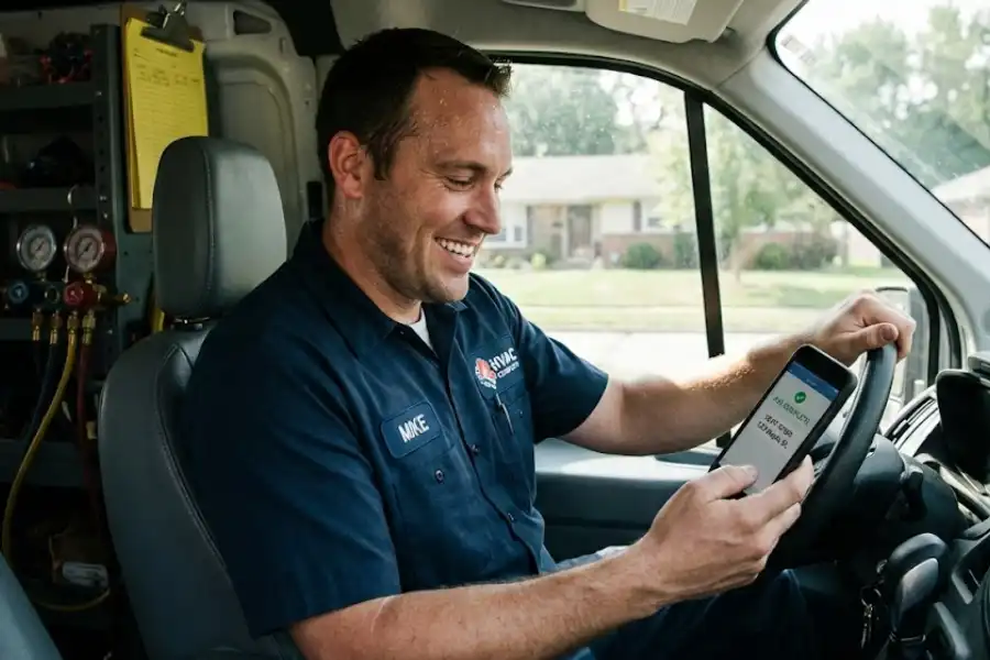 Over-the-shoulder view of a dispatcher using a MacBook Pro displaying HVAC dispatch software. The screen shows a map with real-time technician locations, route paths, job completion metrics, and revenue stats on a wooden desk.