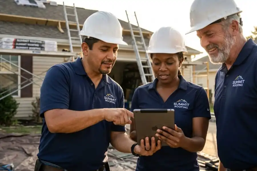 Multicultural crew of three Summit Roofing workers, equipped with hard hats, gather at a residential construction site with scaffolding and materials, collaborating by looking at roofing plans displayed on a tablet computer during late afternoon sunlight.