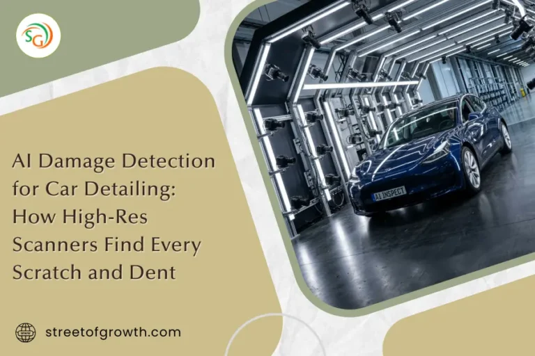 An advanced AI damage detection scanner in a high-tech car detailing studio scanning a blue car for scratches and dents.