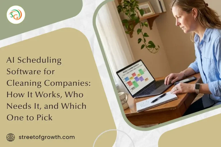 A female entrepreneur focused on residential cleaning business management while reviewing a color-coded weekly schedule on her laptop.