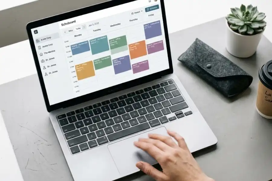 An overhead shot of a modern workspace with a laptop displaying an online booking system for cleaning services with color-coded team schedules.