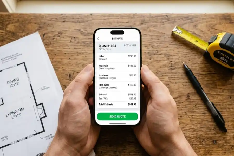 A top-down photograph showing two hands holding a smartphone displaying a detailed, itemized cost estimate generated by a digital construction quote app. The phone sits next to architectural blueprints and a tape measure on a wooden desk.
