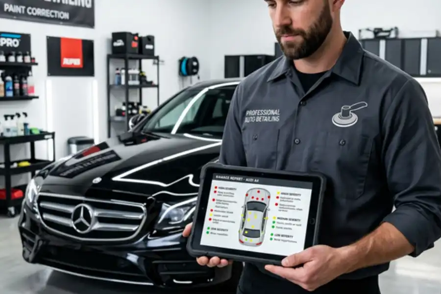 A professional auto detailer holding a tablet showing an AI car damage inspection report with severity markers on a vehicle diagram.
