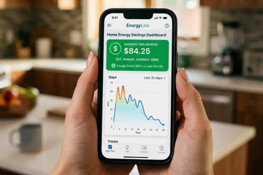 A person holding a smartphone displaying the EnergyLink home energy savings app dashboard showing a monthly savings of $84.25 and a usage graph.