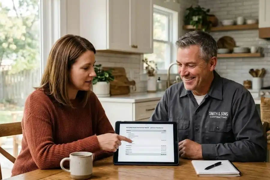 A female homeowner and a male contractor in a gray shirt sit at a modern kitchen table reviewing a digital kitchen renovation estimate on a tablet.