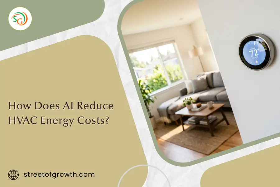 A smart thermostat displaying 72 degrees in a modern living room, illustrating how AI reduces HVAC energy costs through automated temperature control and efficiency.