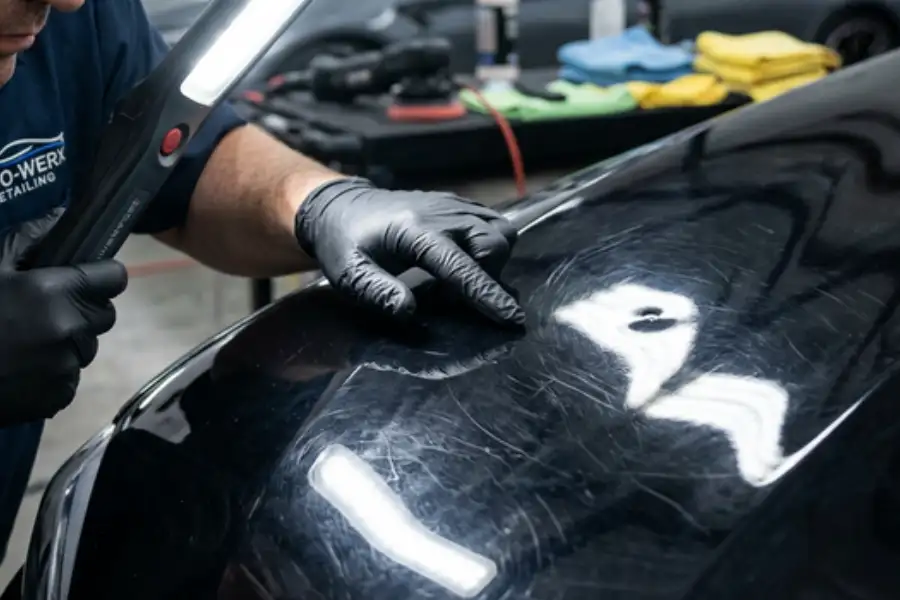 A detailer wearing black gloves using a specialized LED inspection light for a close-up car paint scratch inspection on a black hood.