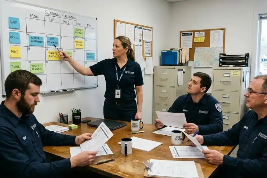A professional pest control services team meeting in an office where a female manager points to a seasonal treatment calendar on a whiteboard with technicians.
