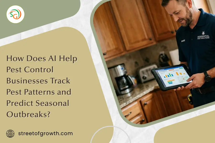 A professional pest control services technician in a navy uniform using a digital tablet to review a pest activity dashboard and map in a residential kitchen.