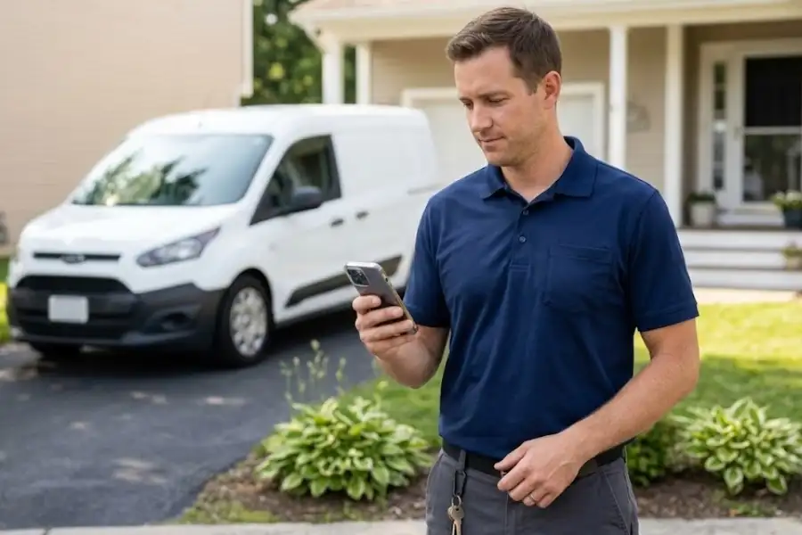 A male professional cleaner in a navy polo shirt looking at a professional cleaner mobile app on his smartphone while standing outside a suburban house.