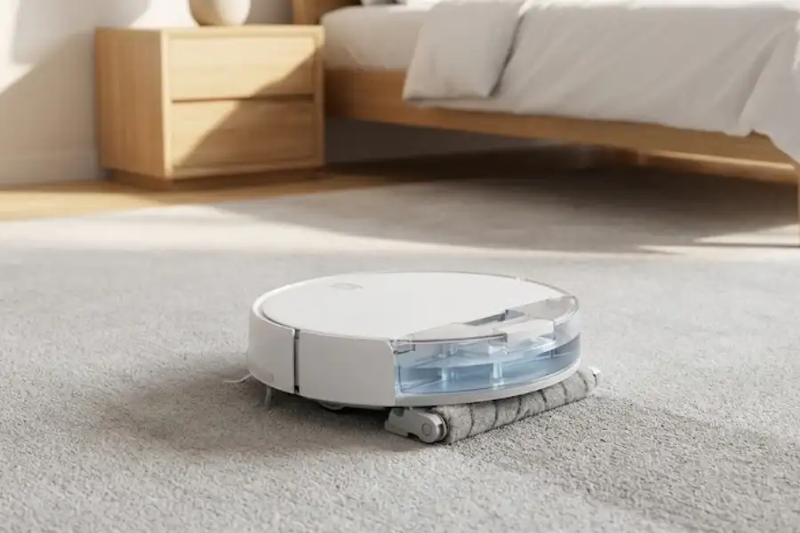 Overhead view of a white robot vacuum for carpet with a visible water tank performing a wet washing cycle on a light gray rug.