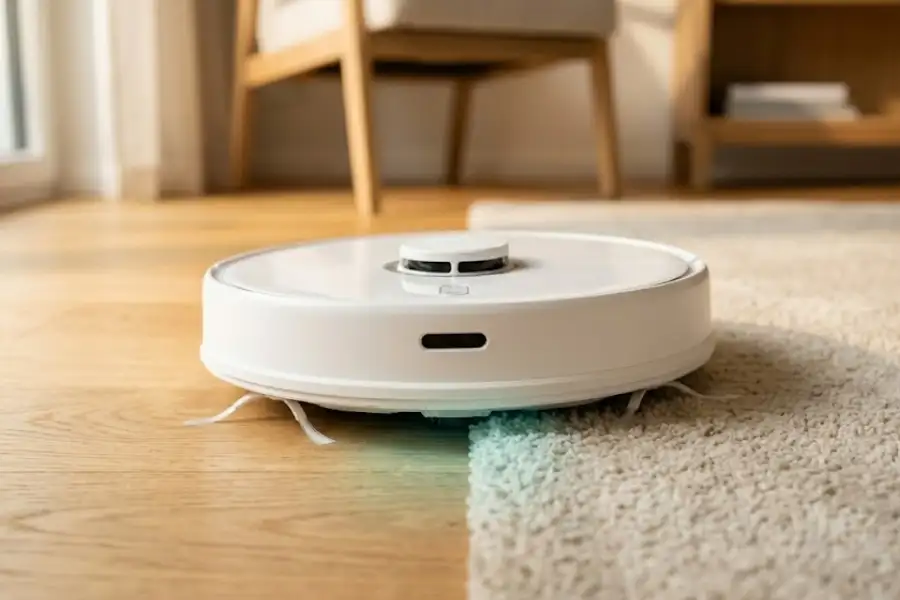 Close-up of a white robot vacuum for carpet using sensors to transition from light oak hardwood flooring onto a medium-pile beige rug.