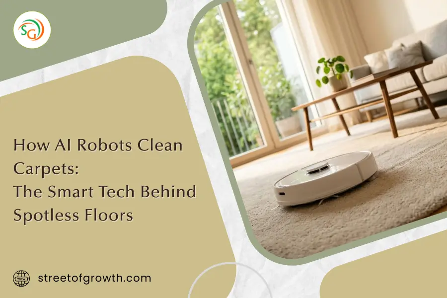 A modern white robot vacuum for carpet cleaning a beige rug in a sunlit living room with visible vacuum lines.