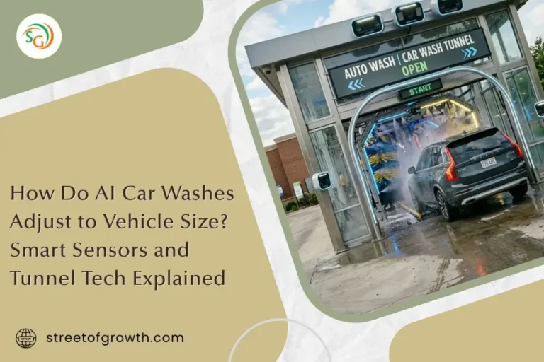A wide shot of an SUV entering a modern AI car wash tunnel equipped with glowing sensors and cameras on the entrance arch
