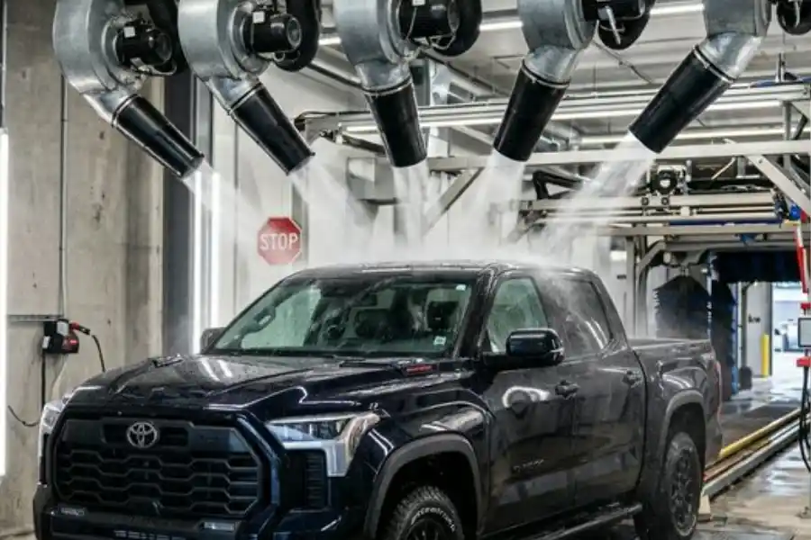 A row of industrial blowers and dryers suspended over the roof of a dark pickup truck exiting a car wash tunnel
