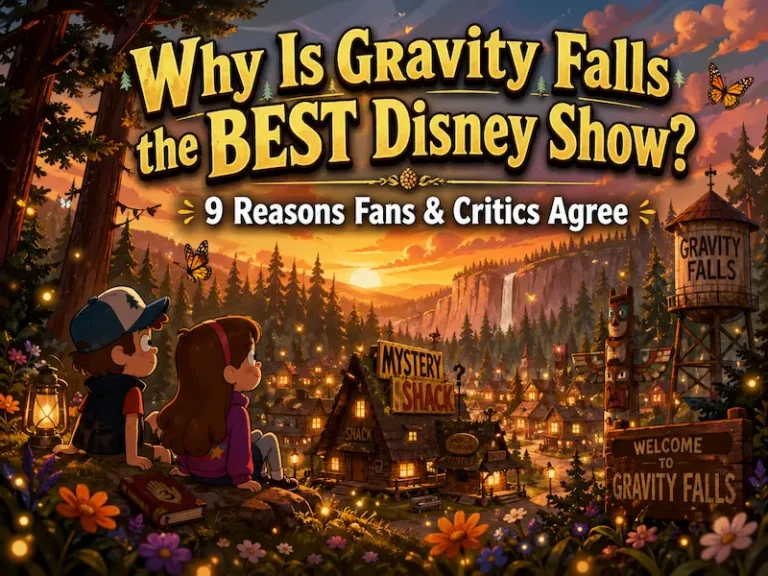 Why Is Gravity Falls the BEST Disney Show featured image showing a cozy forest town at golden hour with glowing cabins, pine trees, butterflies, and a magical cartoon-style atmosphere
