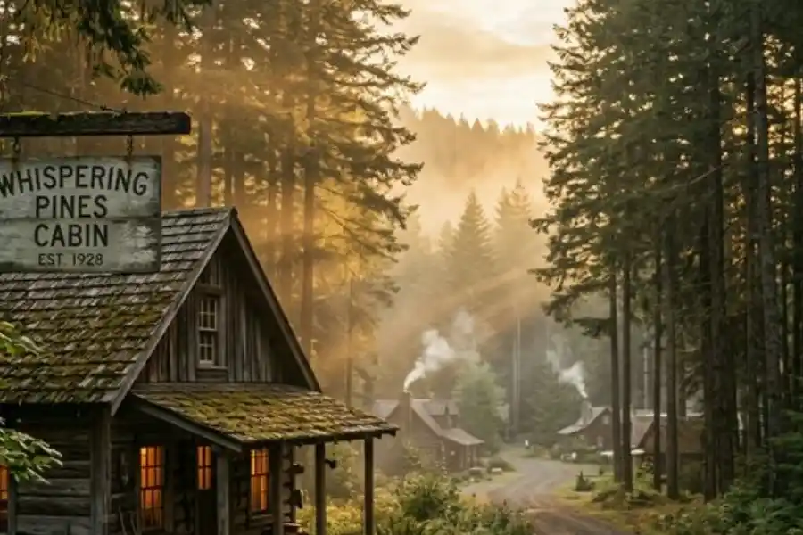 A mysterious small town cabin surrounded by tall pine trees in rural Oregon during golden hour, capturing the eerie and cozy atmosphere that inspired the setting of Gravity Falls