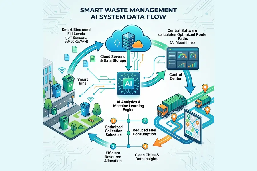 Infographic showing data flow from smart bins to truck routing platforms