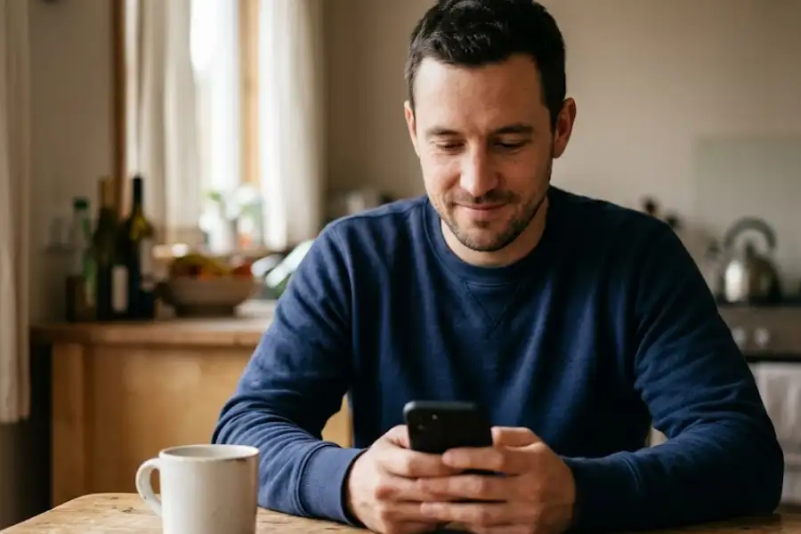 A candid, medium shot of a man in his early 30s with short, dark hair and a light beard, sitting at a worn wooden kitchen table in a casual home setting. He holds a dark smartphone in both hands, reading something on the screen with a calm, focused, and slightly smiling expression. He is wearing a plain navy blue crewneck sweatshirt. A simple ceramic coffee mug with visible imperfections rests on the table in front of him. Soft, natural daylight from a window (slightly visible on the left) illuminates the scene. The background is softly blurred with warm bokeh, revealing kitchen elements and another window. The lighting is warm and natural, making the scene feel authentic and everyday, without studio lighting.