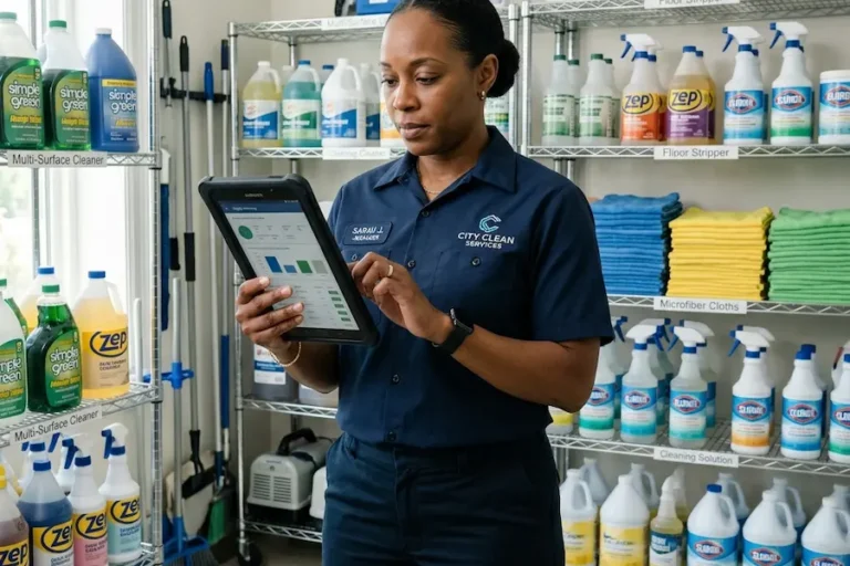 Cleaning company manager using a tablet to monitor AI inventory management for janitorial services.
