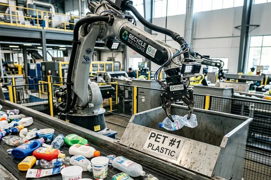 A robotic arm sorting recyclable plastic bottles on a conveyor belt