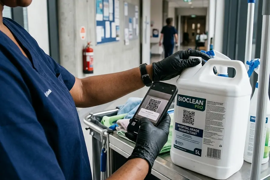 A crew member scanning a QR code on a disinfectant bottle with a smartphone.