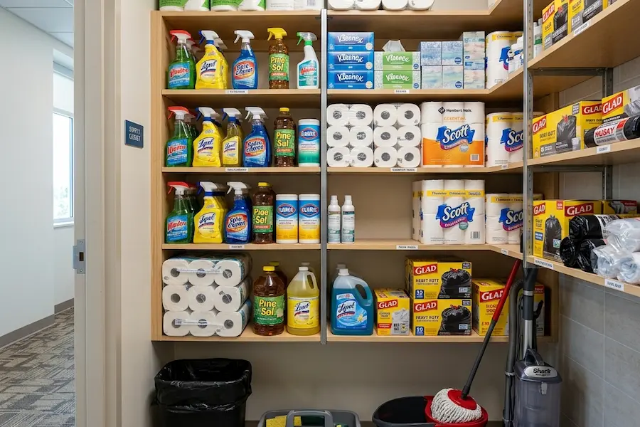 Scanning barcodes on shelves in an organized office building supply closet.