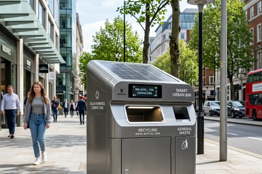 A solar-powered smart bin on a clean city street sidewalk