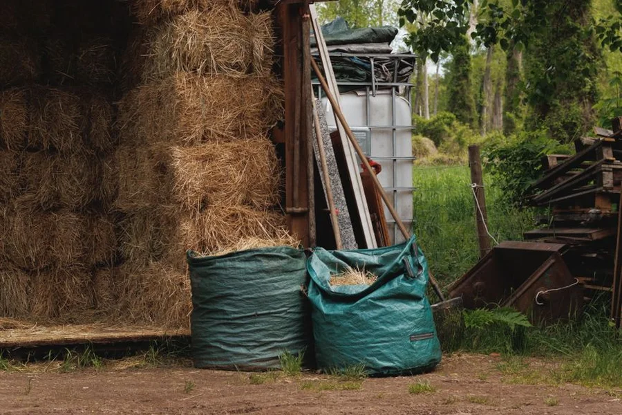 Feed sacks stored in a barn Open feed sacks leaning against stacked straw bales at the doorway of a barn