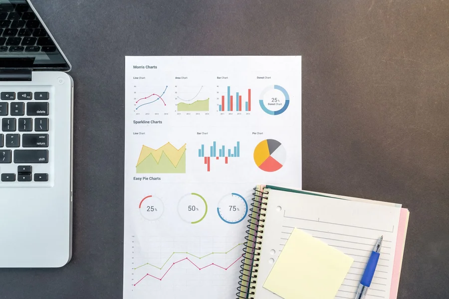 Financial filings and charts spread across a desk during company research