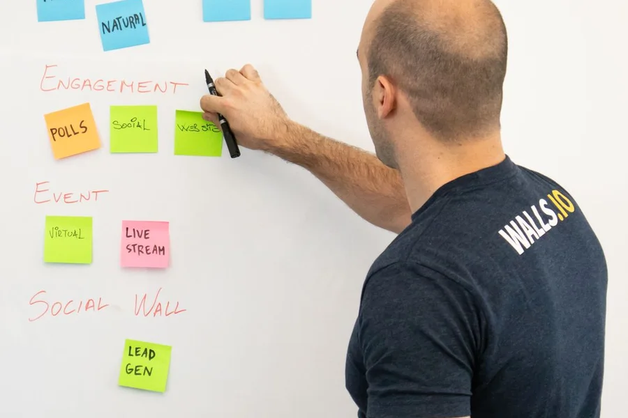Planning a growth marketing system Person mapping a growth marketing funnel on a whiteboard with sticky notes